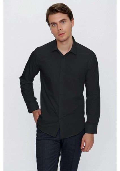 Siyah Uzun Kol Düz Bez Ayağı 041 Sert Yaka Basic Slim Fit Gömlek 1004245057