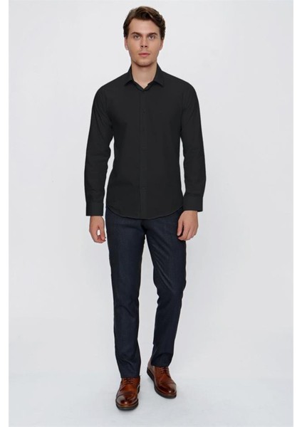 Siyah Uzun Kol Düz Bez Ayağı 041 Sert Yaka Basic Slim Fit Gömlek 1004245057 fiyatları