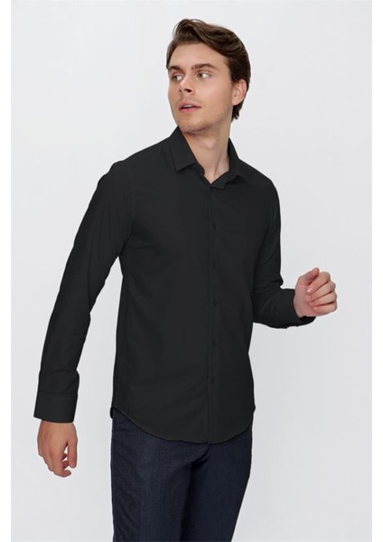 Siyah Uzun Kol Düz Bez Ayağı 041 Sert Yaka Basic Slim Fit Gömlek 1004245057 modelleri