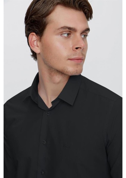 Siyah Uzun Kol Düz Bez Ayağı 041 Sert Yaka Basic Slim Fit Gömlek 1004245057 fırsatları