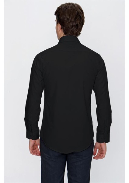Siyah Uzun Kol Düz Bez Ayağı 041 Sert Yaka Basic Slim Fit Gömlek 1004245057 indirimleri