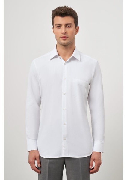 Beyaz Uzun Kol Kendinden Desenli Armürlü 041 Sert Yaka Classic Comfort Fit Gömlek 1004245154