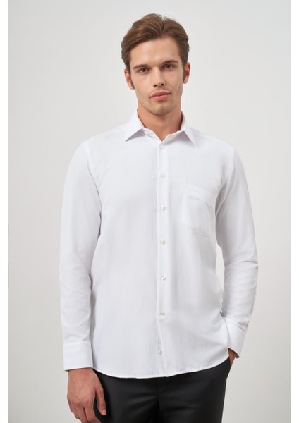 Beyaz Uzun Kol Kendinden Desenli Armürlü 041 Sert Yaka Classic Comfort Fit Gömlek 1004245157