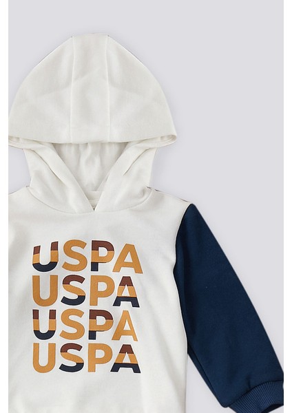 Krem Uspa Baskı Kapüşonlu Bebek 2'li Takım