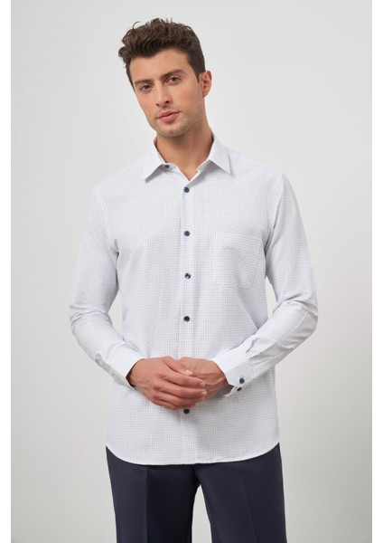 Beyaz Uzun Kol Kareli Desen Bez Ayağı Sert Yaka Cepli Pamuklu Classic Comfort Fit Gömlek 1004245158 modelleri