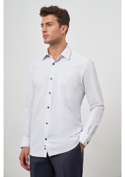 Beyaz Uzun Kol Kareli Desen Bez Ayağı Sert Yaka Cepli Pamuklu Classic Comfort Fit Gömlek 1004245158 fırsatları