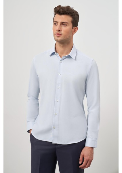 Koyu Mavi Uzun Kol Kendinden Desenli Armürlü 032 Sert Yaka Classic Slim Fit Gömlek 1004245152