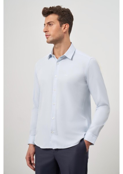 Koyu Mavi Uzun Kol Kendinden Desenli Armürlü 032 Sert Yaka Classic Slim Fit Gömlek 1004245152