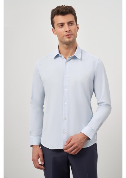 Koyu Mavi Uzun Kol Kendinden Desenli Armürlü 032 Sert Yaka Classic Slim Fit Gömlek 1004245152