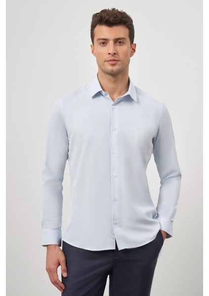 Koyu Mavi Uzun Kol Kendinden Desenli Armürlü 032 Sert Yaka Classic Slim Fit Gömlek 1004245152