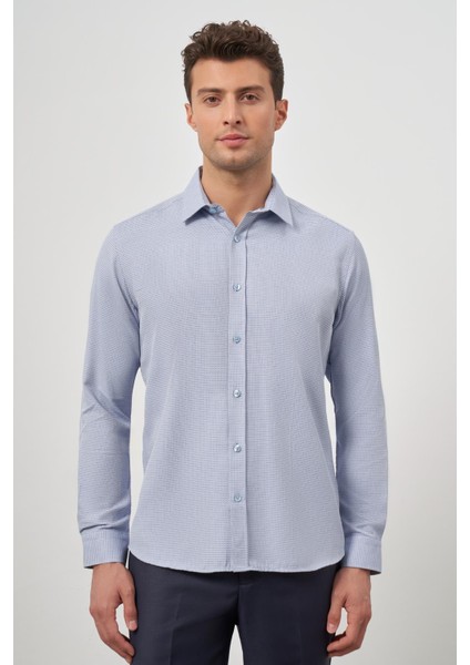 Koyu Mavi Uzun Kol Kendinden Desenli Armürlü Sert Yaka Cepsiz Pamuklu Classic Slim Fit Gömlek 1004245161