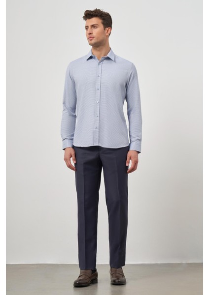 Koyu Mavi Uzun Kol Kendinden Desenli Armürlü Sert Yaka Cepsiz Pamuklu Classic Slim Fit Gömlek 1004245161 fiyatları