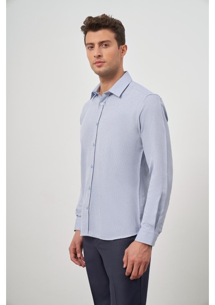 Koyu Mavi Uzun Kol Kendinden Desenli Armürlü Sert Yaka Cepsiz Pamuklu Classic Slim Fit Gömlek 1004245161 modelleri