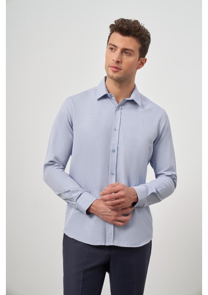 Koyu Mavi Uzun Kol Kendinden Desenli Armürlü Sert Yaka Cepsiz Pamuklu Classic Slim Fit Gömlek 1004245161 fırsatları