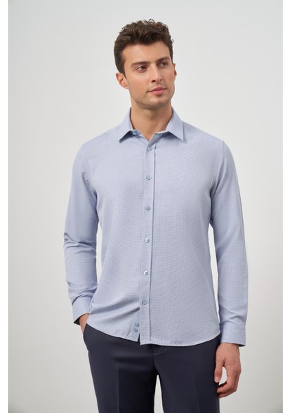 Koyu Mavi Uzun Kol Kendinden Desenli Armürlü Sert Yaka Cepsiz Pamuklu Classic Slim Fit Gömlek 1004245161 indirimleri