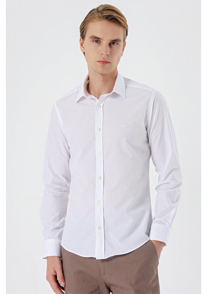 Beyaz Uzun Kol Filafil Desen Filafil Sert Yaka Cepsiz Pamuklu Basic Slim Fit Gömlek 1004245008