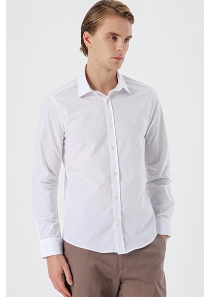 Beyaz Uzun Kol Filafil Desen Filafil Sert Yaka Cepsiz Pamuklu Basic Slim Fit Gömlek 1004245008 fırsatları