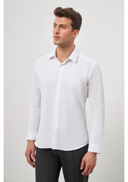 Koyu Mavi Uzun Kol Kendinden Desenli Armürlü 032 Sert Yaka Classic Slim Fit Gömlek 1004245152