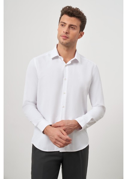 Koyu Mavi Uzun Kol Kendinden Desenli Armürlü 032 Sert Yaka Classic Slim Fit Gömlek 1004245152 modelleri