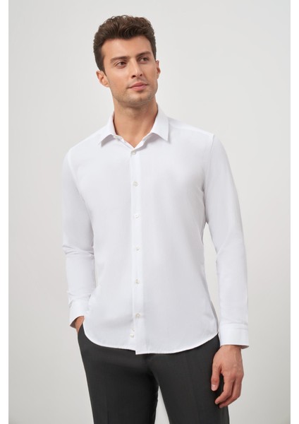 Koyu Mavi Uzun Kol Kendinden Desenli Armürlü 032 Sert Yaka Classic Slim Fit Gömlek 1004245152 fırsatları