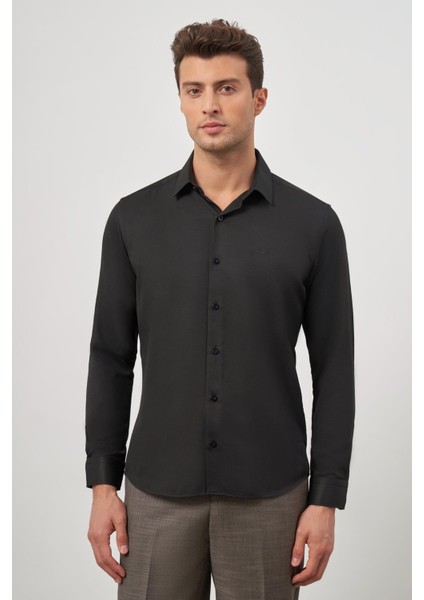 Koyu Mavi Uzun Kol Kendinden Desenli Armürlü 032 Sert Yaka Classic Slim Fit Gömlek 1004245152