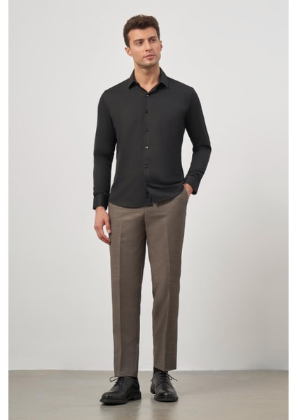 Koyu Mavi Uzun Kol Kendinden Desenli Armürlü 032 Sert Yaka Classic Slim Fit Gömlek 1004245152