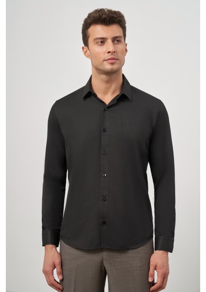 Koyu Mavi Uzun Kol Kendinden Desenli Armürlü 032 Sert Yaka Classic Slim Fit Gömlek 1004245152