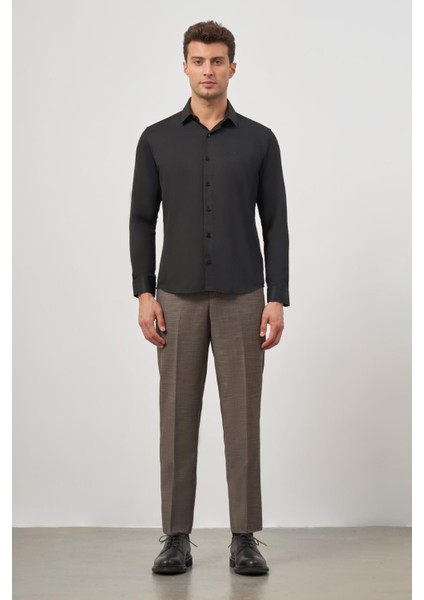 Koyu Mavi Uzun Kol Kendinden Desenli Armürlü 032 Sert Yaka Classic Slim Fit Gömlek 1004245152