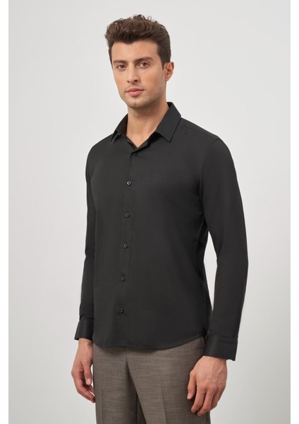 Koyu Mavi Uzun Kol Kendinden Desenli Armürlü 032 Sert Yaka Classic Slim Fit Gömlek 1004245152