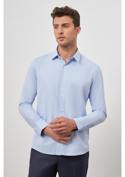 Mavi Uzun Kol Kendinden Desenli Armürlü 032 Sert Yaka Classic Slim Fit Gömlek 1004245151 fırsatları