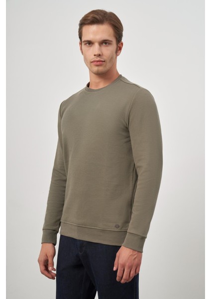 Koyu Haki Örme Bisiklet Yaka Pamuklu Casual Slim Fit Dar Kesim Sweatshirt 1013245150
