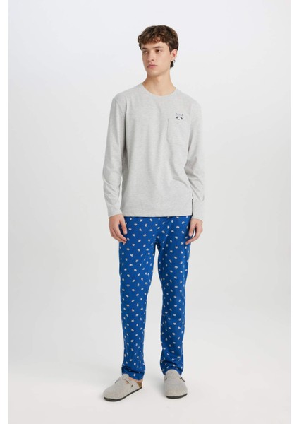 Pijama Takımı Bisiklet Yaka Uzun Kollu Basic Düz Üst Desenli Beli Lastikli Alt D0944AX24WN