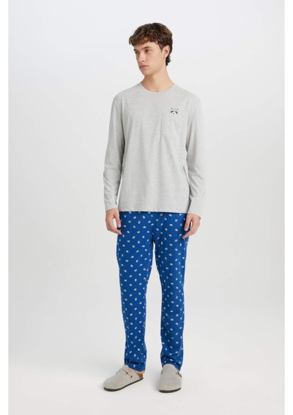 Pijama Takımı Bisiklet Yaka Uzun Kollu Basic Düz Üst Desenli Beli Lastikli Alt D0944AX24WN