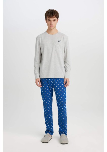 Pijama Takımı Bisiklet Yaka Uzun Kollu Basic Düz Üst Desenli Beli Lastikli Alt D0944AX24WN