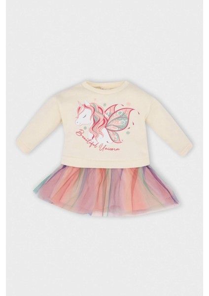 Kız Bebek Unicorn Baskılı Uzun Kollu Kalın Tütülü Sweat Elbise D5621A524WN