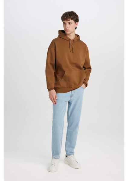 Oversize Geniş Kalıp Kapüşonlu Kanguru Cepli Basic Düz Sweatshirt X8287AZ24AU
