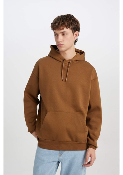 Oversize Geniş Kalıp Kapüşonlu Kanguru Cepli Basic Düz Sweatshirt X8287AZ24AU