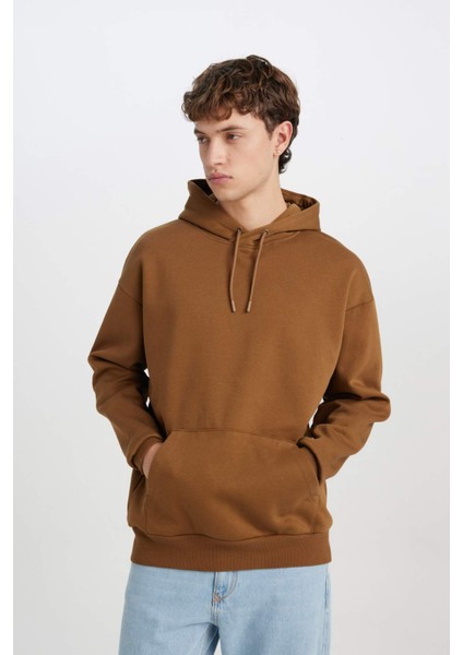 Oversize Geniş Kalıp Kapüşonlu Kanguru Cepli Basic Düz Sweatshirt X8287AZ24AU