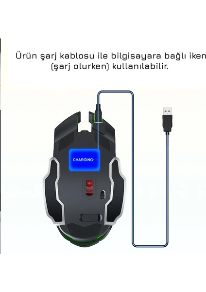 TW-Q13 Kablosuz Sessiz Rgb LED Işıklı Şarjlı Ergonomik 2400DPI Gaming Mouse Siyah