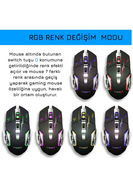 TW-Q13 Kablosuz Sessiz Rgb LED Işıklı Şarjlı Ergonomik 2400DPI Gaming Mouse Siyah