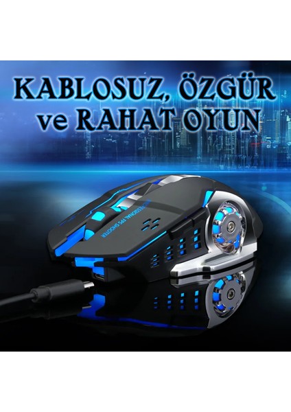 TW-Q13 Kablosuz Sessiz Rgb LED Işıklı Şarjlı Ergonomik 2400DPI Gaming Mouse Siyah