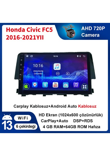 Honda Civic Fc5 2016-2021Yıl Yıl)4Gb Ram 64Gb Rom Android Multimedya Sürüm 13 Kablosuz Carplay Navigasyon 9 Inç Ekran