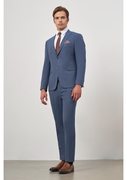 Lacivert Çizgili Mono Yaka Astarlı 6 Drop Slim Fit Dar Kesim Takım Elbise 1001245106