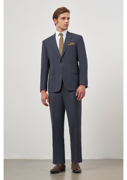 Koyu Lacivert Kendinden Desenli Bez Ayağı Mono Yaka Tam Astar Tek Yırtmaç 2 Düğme 4 Drop Comfort Fit Classic Takım Elbise 1001240190