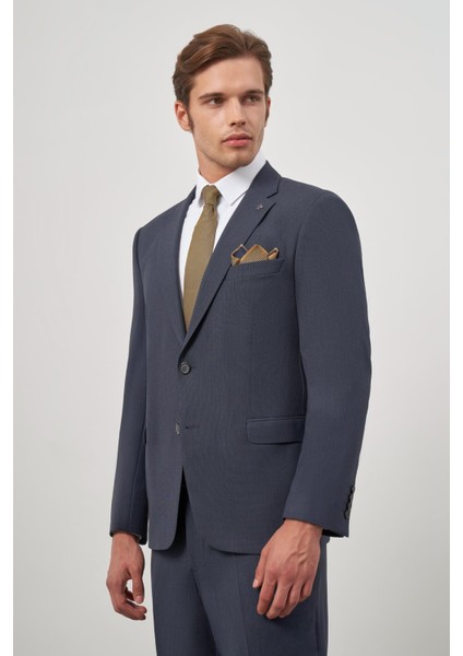 Koyu Lacivert Kendinden Desenli Bez Ayağı Mono Yaka Tam Astar Tek Yırtmaç 2 Düğme 4 Drop Comfort Fit Classic Takım Elbise 1001240190