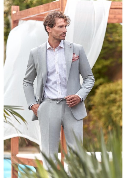 Gri Kırlangıç Yaka Yelekli Likralı 6 Drop Slim Fit Dar Kesim Klasik Takım Elbise 1001240167