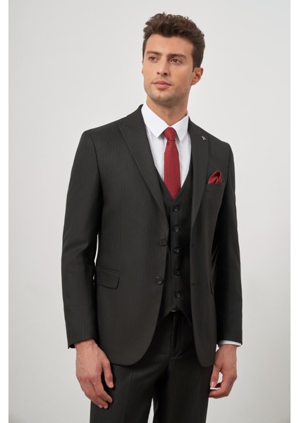 Siyah Kılıç Yaka Yelekli 6 Drop Slim Fit Classic Takım Elbise 1001245154