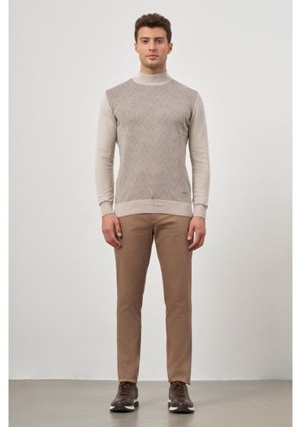 Bej Uzun Kol Kendinden Desenli Örme Yarım Balıkçı Yaka Classic Comfort Fit Triko 1012245159 fiyatları