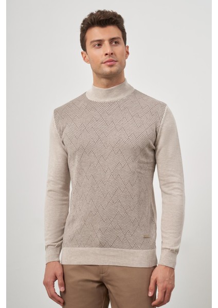 Bej Uzun Kol Kendinden Desenli Örme Yarım Balıkçı Yaka Classic Comfort Fit Triko 1012245159 fırsatları