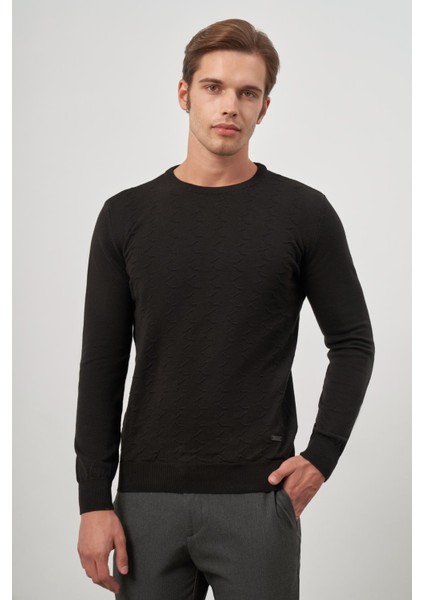 Siyah Uzun Kol Kendinden Desenli Örme Bisiklet Yaka Classic Comfort Fit Triko 1012245155